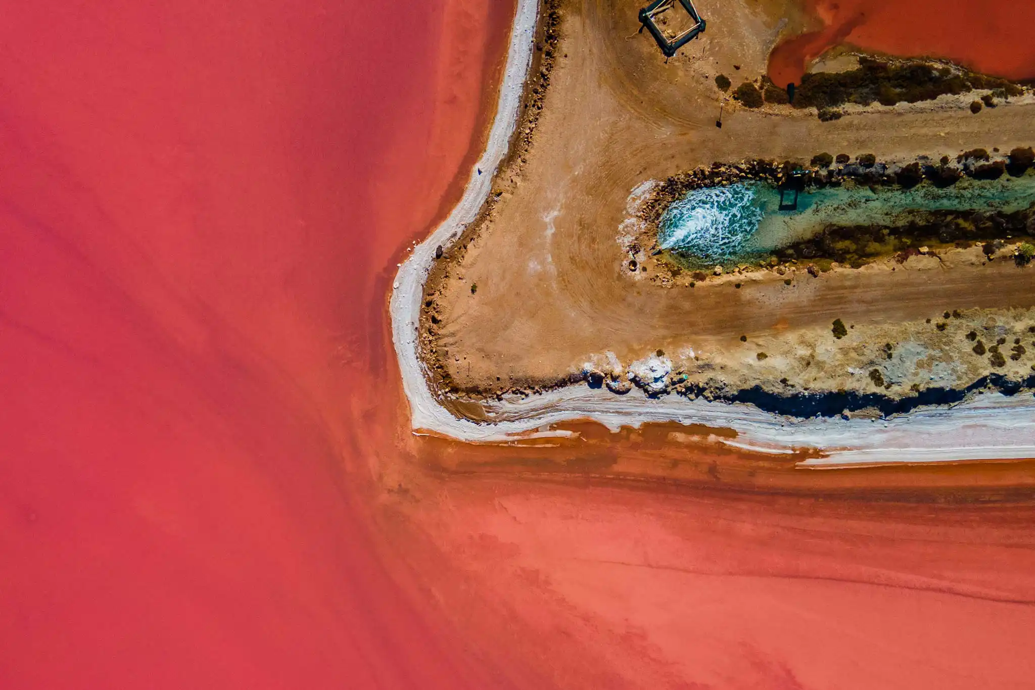 Aerial view of a pink salt lake meeting a sandy shoreline