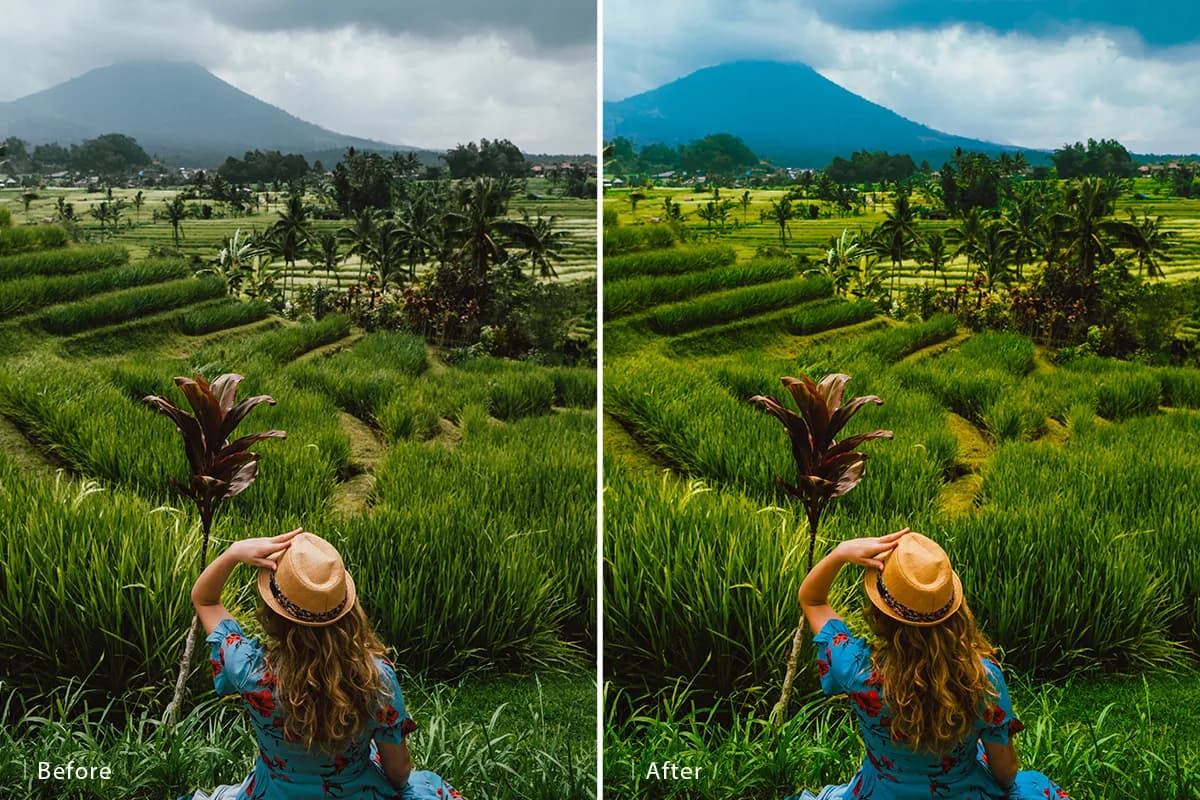 Before-and-after comparison of a landscape photo edited in Lightroom, showing enhanced colour and contrast